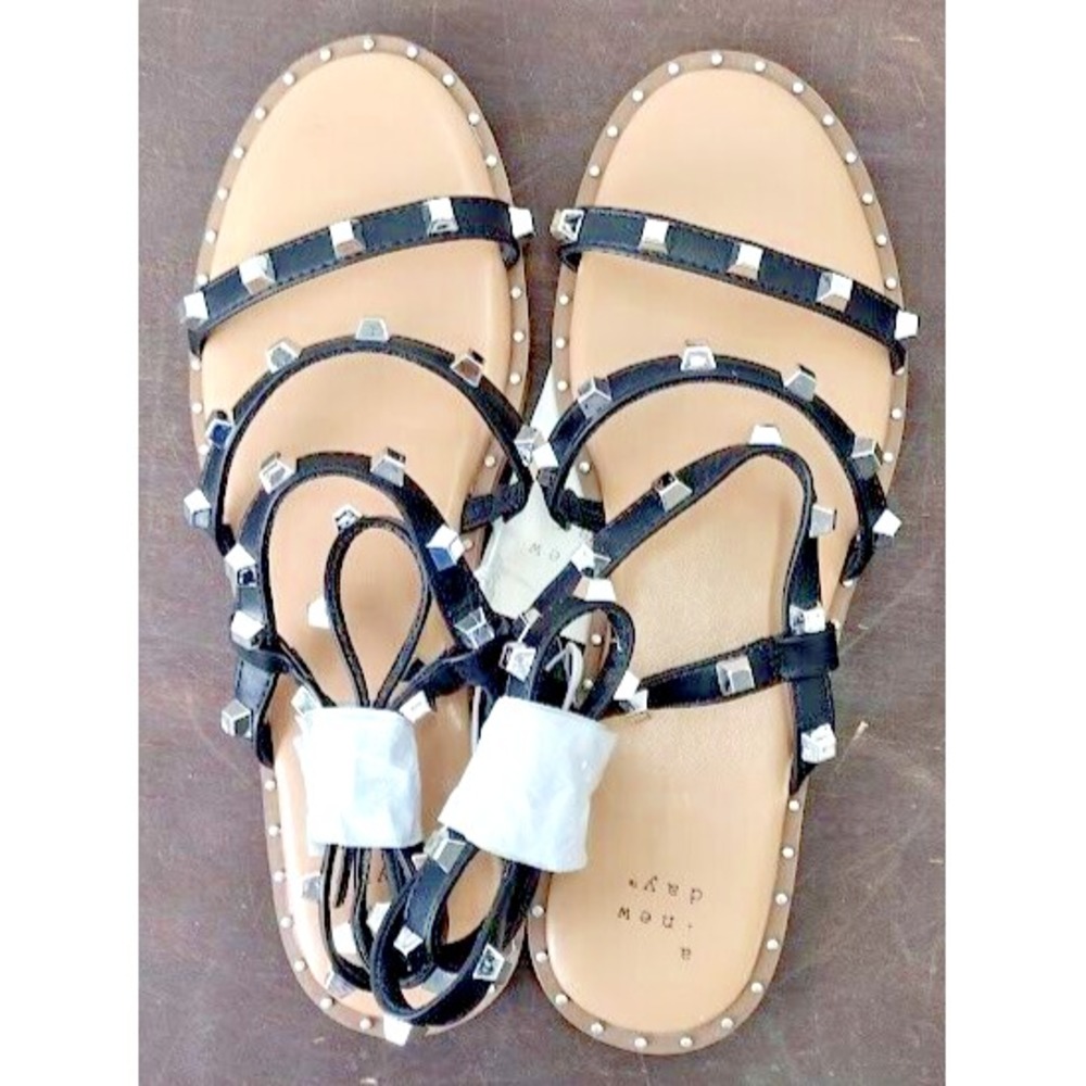 A New Day Black Studded Gladiator Ankle Strap Sandals Women Size 7.5